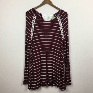 One World | LS Waffle Knit Tunic, Lace Detail